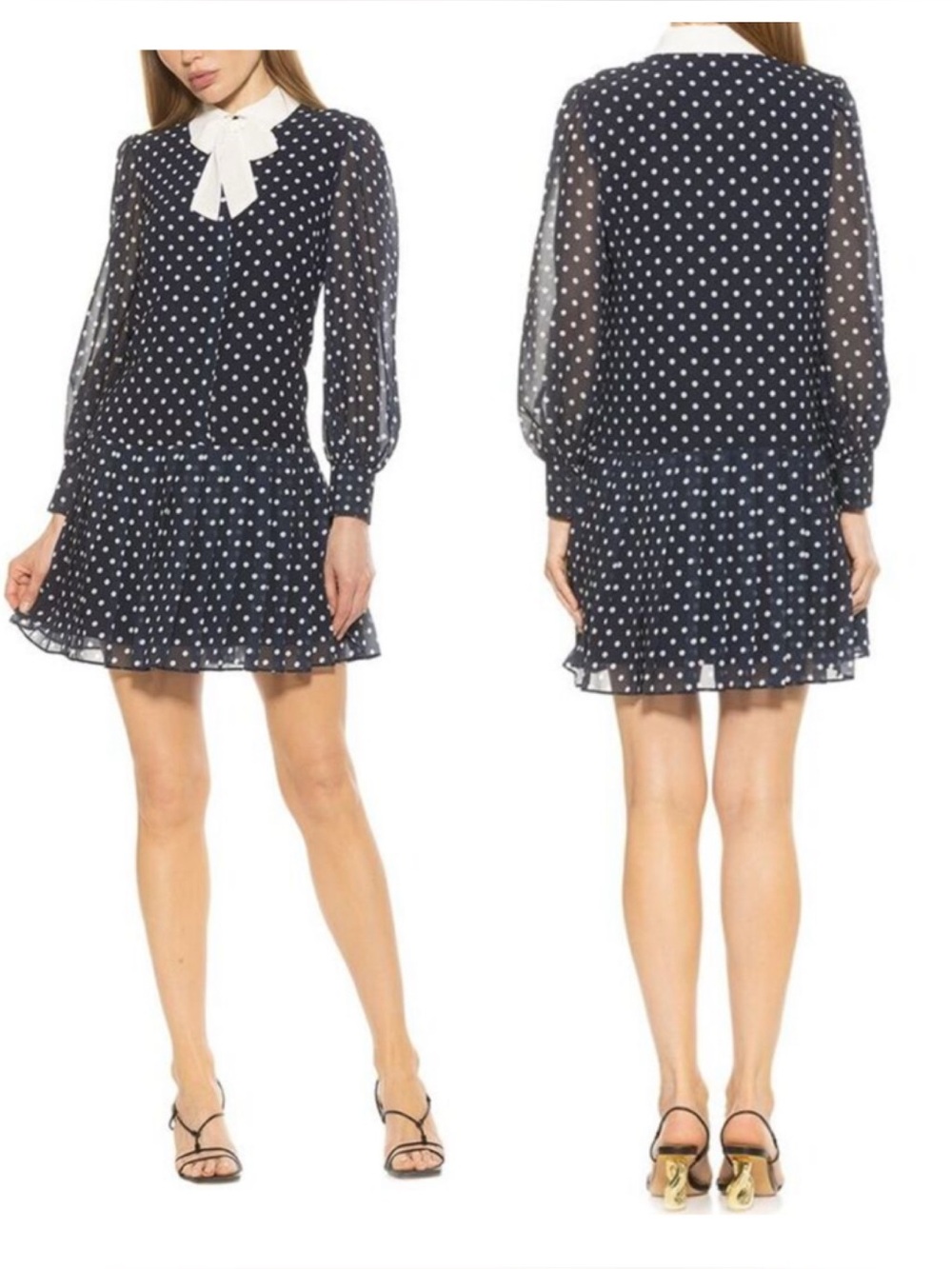 NWT! Alexia Admor Glennis Shift Dress Navy Polka Dot White Bow Collar S